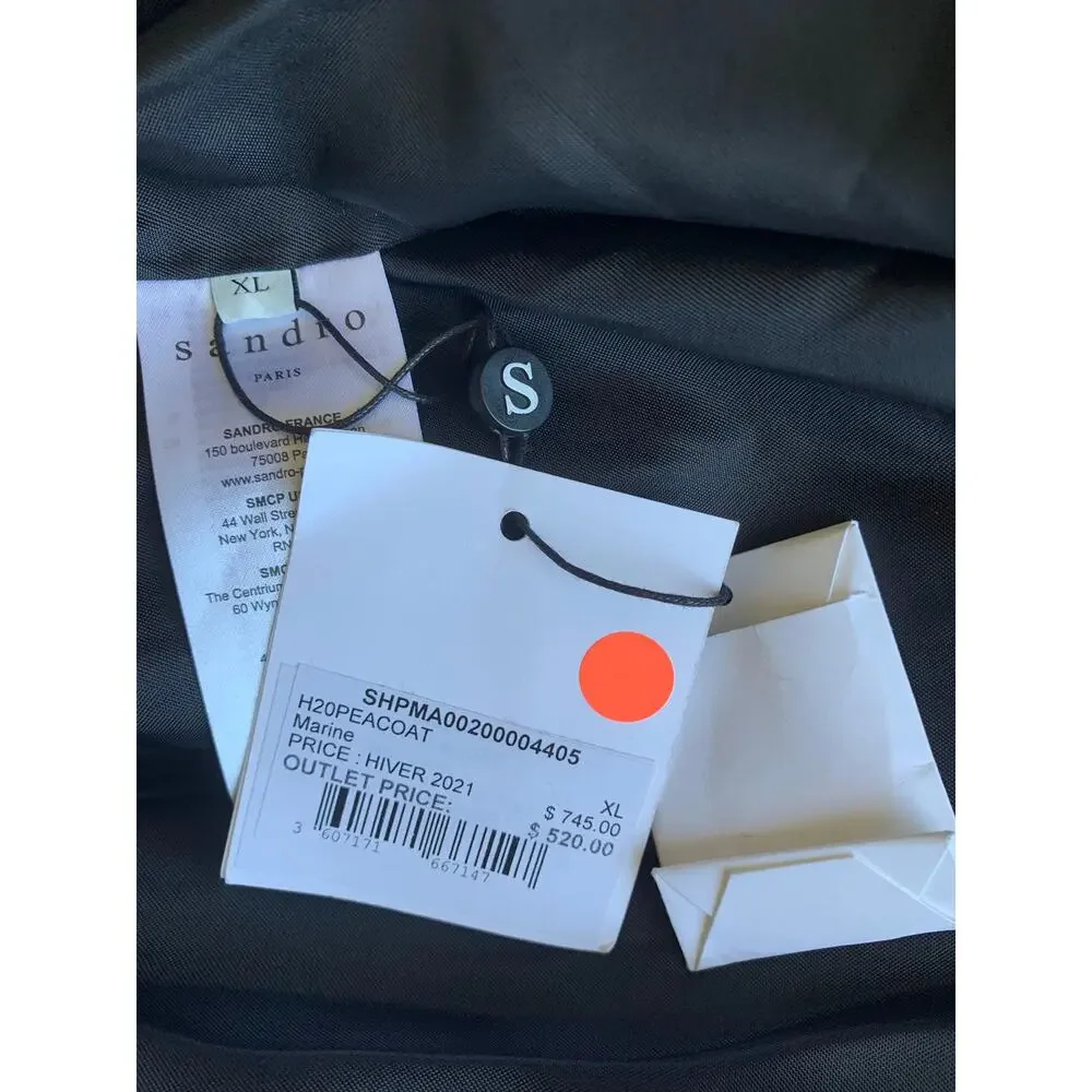 Sandro Mens Peacoat Sheepskin Collar in Marine Size XL 2-Button Front Pockets - Picture 5 of 5